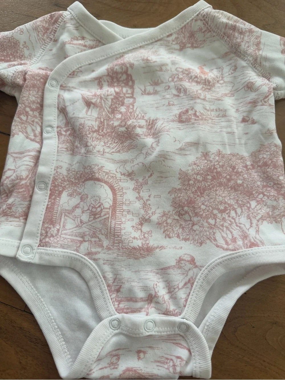 Ralph Lauren White Baby Bodysuit with Blush Toile Print